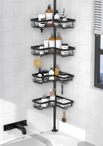 KEGII Corner Shower Caddy Tension Pole - Shower Tension Rod Organizer, Floor to Ceiling Shower Caddy 25-114.2 inch, Towel Rack Corner Waterproof, Black - Image 1