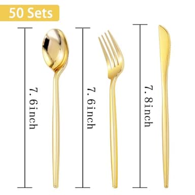 PULOTE 150PCS Gold Plastic Silverware Disposable - Heavy Duty Gold Plastic Cutlery - Gold Plastic Utensils Set Include 50 Knives,50 Forks,50 Spoons for Party&Wedding - Image 2