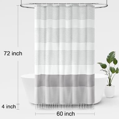 Awellife Boho Gray Shower Curtain for Bathroom Stripe Tassel Shower Curtain 60 X 72 Inches Farmhouse Cotton Grey - Image 6