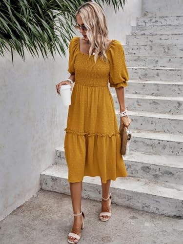PRETTYGARDEN Women's Summer Casual Midi Dresses 2025 Spring Puff Sleeve Square Neck Smocked A-line Flowy Swiss Dot Beach Vacation Dress (Turmeric,S) - Image 4