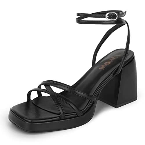 ISNOM Black Platform Heels for Women Comfortable Strappy Heels Short Block Chunky Sandals Ankle Strap Simple Summer Heeled Sandals Square Open Toe for Wedding Work Party Dressy Prom,Black,Size 7 - Image 1