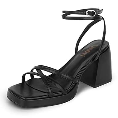 ISNOM Black Platform Heels for Women Comfortable Strappy Heels Short Block Chunky Sandals Ankle Strap Simple Summer Heeled Sandals Square Open Toe for Wedding Work Party Dressy Prom,Black,Size 7 - Image 1