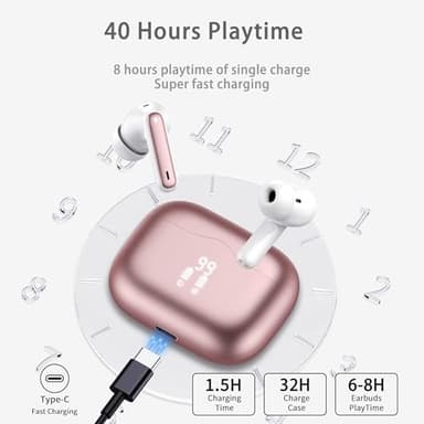 Wireless Earbuds, Bluetooth 5.4 Headphones in Ear with 4 ENC Noise Cancelling Mic, New Wireless Earphones HiFi Stereo Deep Bass 40H Playtime, In-Ear Bluetooth Earbuds LED Display IP7, USB-C, Rose Gold - Image 5