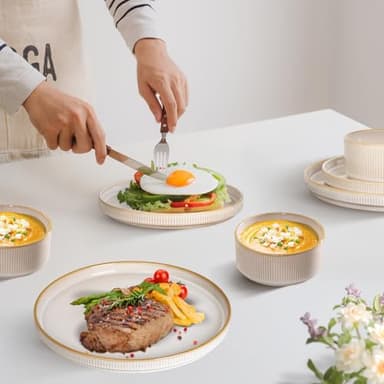 Romswi Dinnerware Set for 4, 16Pcs Stoneware Plates and Bowls Sets with Mugs, Chip & Scratch Resistant Dish Set, Handmade Reactive Glaze Plate Set, Oven,Microwave and Dishwasher Safe, Cappuccino White - Image 2