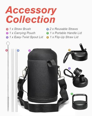 64 oz Water Bottle Insulated with Straw & 3 Lids, Coolflask Large Metal Stainless Steel Water Jug Big Half Gallon Wide Mouth for Sports, Gym or Office, Non-BPA Keep Cold 48H Hot 24H, Magic Black - Image 6