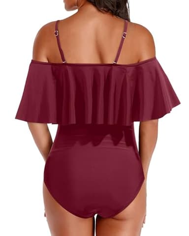 Holipick Wine Red Women Strapless One Piece Swimsuits Tummy Control Bathing Suit Ruffle Off Shoulder Swimwear with Sleeves Small - Image 2