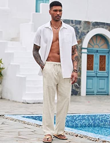 COOFANDY Men Linen Yoga Beach Cool Long Pants Stretchy Drawstring Waist Trousers,Straight - Image 5