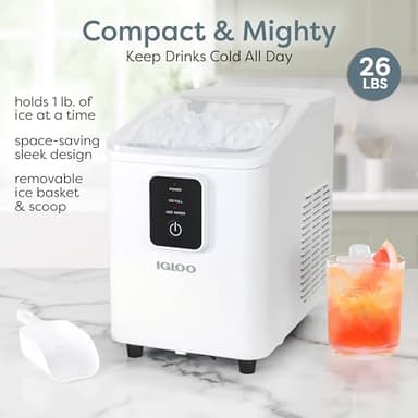 Igloo Self-Cleaning Countertop Ice Maker - Compact and Portable - Creates 26 lbs. Per Day, 8 Pieces Ready Every 7-8 Minutes - Includes Ice Scoop and Basket - White - Image 2