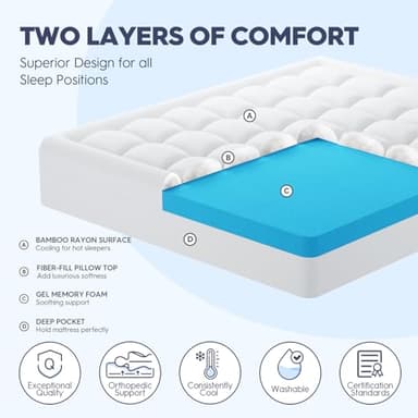 ELEMUSE Full XL Dual Layer 3 Inch Memory Foam Mattress Topper, 2 Inch Cooling Gel Memory Foam and 1 Inch Thick Soft Pillow Top Mattress Pad Cover for Back Pain Relief, Side Sleep Bed Topper - Image 2