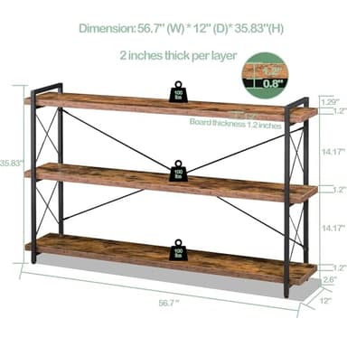 HCHQHS Bookshelf, 3-Tier Long Industrial Bookcase, Rustic Open Book Shelf, Freestanding Horizontal Bookshelves with Metal Frame - Image 3