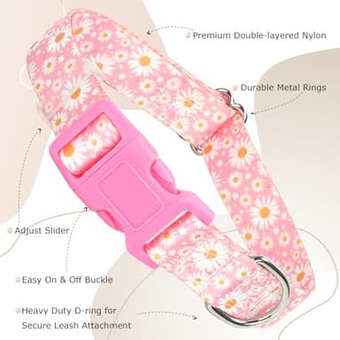 Pink Dog Collars for Small Dogs, Girl Dog Collars with Hot Daisy Flowers, Adjustable Comfy Soft Pet Collar with Safety Buckle for XS Small Medium Large Dogs(S) - Image 3