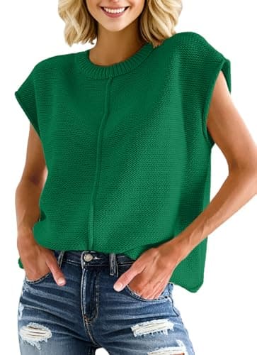 PrinStory Womens Summer Cap Sleeve Tops Casual Crew Neck Loose Fit Knit Lightweight Sweater Pullover Top Dark Green Large - Image 1