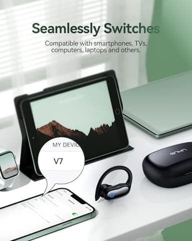 GNMN Ear Buds Wireless Earbuds 96hrs Playback Bluetooth Headphones IPX7 Waterproof Stereo Bass Over-Ear Earphones with Earhooks Microphone LED Battery Display for Sports/Workout/Gym/Running Black - Image 6