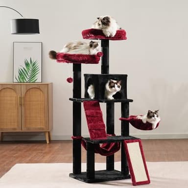 Heybly Cat Tree, Gothic Cat Tower for Indoor Cats, Multi-Level Cat Furniture Condo for Cats with Padded Plush Perch, Cozy Basket and Scratching Board, Black and Red HCT014BR - Image 2