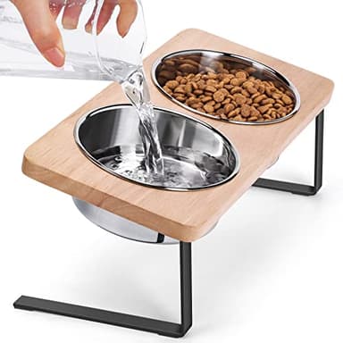 Siooko Elevated Cat Bowls, 15° Tilted Raised Cat Food Bowls Wood Pet Bowls with Stand Anti Vomiting 2 Stainless Steel Bowls for Cats and Puppy - Image 1