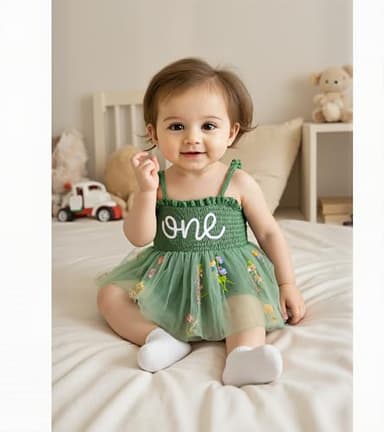 DLLYING 1st First Birthday Outfit Girl Baby Summer Sleeveless Smocked Fairy Berry Sweet 1 One Year Old Onesie Bodysuit Romper Tulle Dress + Headband Cake Smash Photo Shoot Clothes Green 1 Year - Image 3