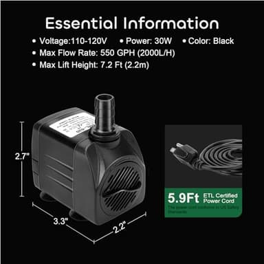 GROWNEER 2 Packs 550GPH Submersible Pump 30W Ultra Quiet Fountain Water Pump, 2000L/H, with 7.2ft High Lift, 3 Nozzles for Aquarium, Fish Tank, Pond, Hydroponics, Statuary - Image 5