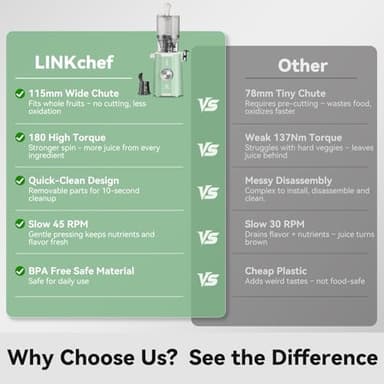 Cold Press Juicer, LINKChef Slow Masticating Juicer Machines with No-Prep 4.35" Large Feed Chute & Upgraded Auger for Whole Vegetables and Fruits, 42oz Capacity, Easy to Clean, Light Green - Image 2