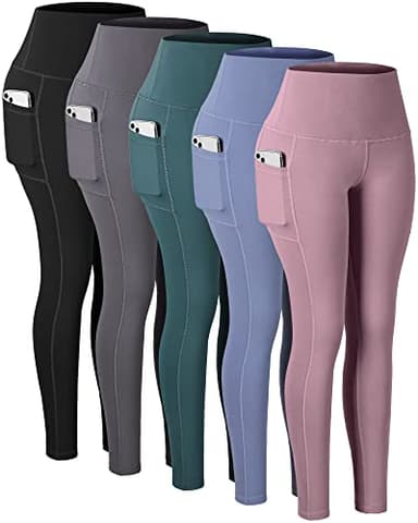 CHRLEISURE Leggings with Pockets for Women, High Waisted Tummy Control Workout Yoga Pants(5 Packs Black,Gray,Pink,Blue,Green, M) - Image 1