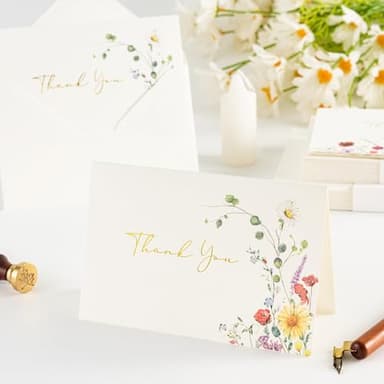 Crisky Thank You Cards 4 Assortment, Gold Foil Watercolor WildFlowers (50 Cards with Envelopes for Birthday, Baby Shower, Bridal Shower, Wedding, All Occasion) - Image 3