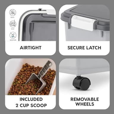 IRIS USA Dog Food Storage Container, 30 lbs & 11 lbs Combo, Cat Food Storage Container, Dog Treat Container, Airtight, Stackable, 2-Cup Scoop, Wheels, Easy Mobility, Gray - Image 4