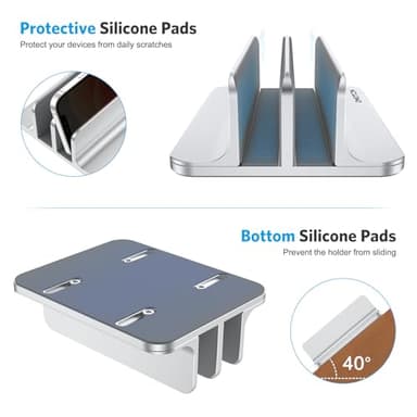 OMOTON Vertical Laptop Stand [Updated Double Version], Desktop Aluminum Mac Book Stand with Adjustable Dock Size, Fits All Mac Book, Surface, Chrome Book and Gaming Laptops (Up to 17.3 inch) (Silver) - Image 7