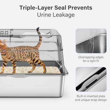 Stainless Steel Litter Box with Lid, XL Extra Large Enclosed Cat Litter Box Fits All Cats Modular Design with Flip Cover, Top Entry Metal High Sided Cat Box & Pedal & Scoop, Anti-Leakage (Grey) - Image 3