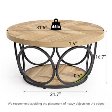LITTLE TREE Coffee Table for Living Room, 31.5" Round Wood Center Table, Farmhouse Large Circle Coffee Tables with 2-Tier Storage, Modern Simple Brown Tea Table - Image 3