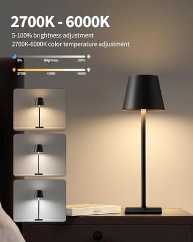 KDG 2 Pack Cordless Table Lamp, Portable LED Desk Lamps, 5000mAh Battery Operated, 3 Color Stepless Dimming Up, for Restaurant, Bedroom, Outdoor Camping, Coffee Shop, Night Light, Rechargeable (Black) - Image 7