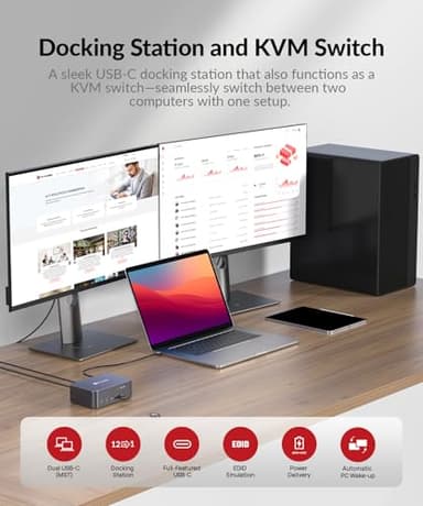 AV Access KVM Switch 2 Monitors 2 Computers with Ethernet, EDID, 4K@60Hz/2K@144Hz/1080P@240Hz, KVM Docking Station Dual Monitor for Laptop & Desktop, USB-C Charge, Aluminum, 3xUSB 3.0, Power Supply - Image 2