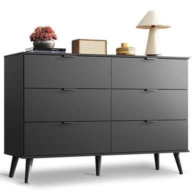 WLIVE Black Dresser for Bedroom, 47.24'' Wide 6 Drawer Wood Dresser Storage Organizer with Sturdy Metal Handle, TV Stand for 55 inch TV, Chest of Drawers for Living Room, Hallway, Closet - Image 1