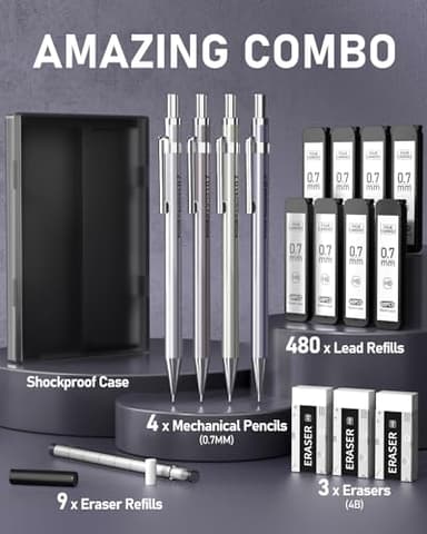 Four Candies 0.7mm Mechanical Pencil Set with Case - 4PCS Metal Mechanical Pencils, 8 Tubes HB #2 Lead Refills, 3PCS 4B Erasers and 9PCS Eraser Refills, Lead Mechanical Pencils for Writing & Drawing - Image 6