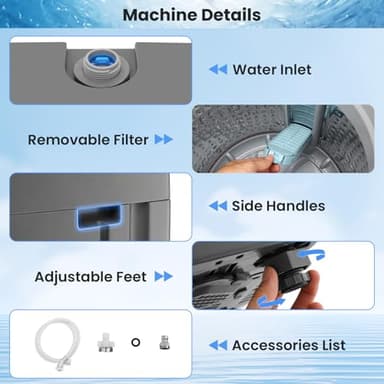 Nictemaw 17.8 lbs Portable Washing Machine, 2.4 Cu.ft Full Automatic Portable Washer with 10 Wash Programs, 8 Water Levels, Built-in Drain Pump, Washer Dryer Combo for Apartment, Home, Dorm, RV, Grey - Image 7