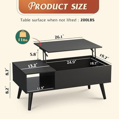 WLIVE Coffee Table for Living Room, Lift Top Coffee Table with Storage, Small Rising Wooden Dining Center Table with Storage Shelf & Hidden Compartment, 39" Black - Image 3