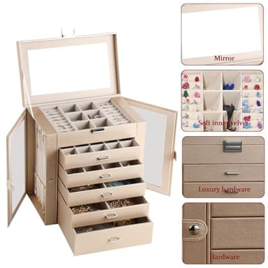 CIIGIO 6 Layer Large Jewelry Boxes With Mirror，Multifunctional 5 Drawers Jewelry Box Organizer with 2 Glass Door for Necklace Organizing (Champagne) - Image 2