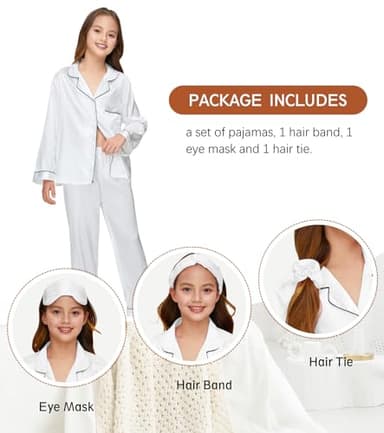 ALHAVONE Kids Girl Pajama Set with Headband Blindfold Hair Tie Toddler Boy Girl Satin Silky Button-up Pajama Sleepwear (White-long, 160) - Image 3
