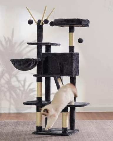 Hey-brother Cat Tree, 53 inch Cat Tower for Indoor Cats, Cat House with Padded Platform Bed, Toy Balls, Large Cozy Condo, Hammocks and Sisal Scratching Posts, Smoky Gray MPJ019-SG - Image 8