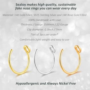 Set of 3 - Fake Clip On Nose Ring Hoop for Women - No Piercing Needed Nose Cuff - 22 Gauge - 7mm - Faux Nose Septum Ring - Gold, Sterling Silver, Rose Gold - 22g - Image 2