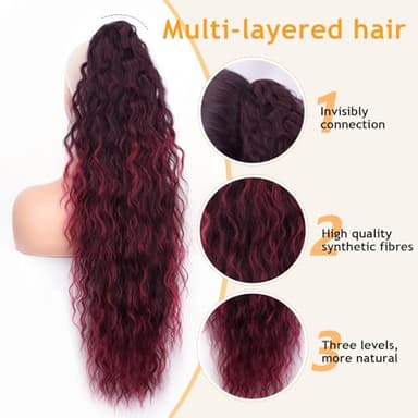 ORSUNCER Ponytail Extension Claw 30" Curly Pony Tail Clip in Claw Hair Extensions Fluffy Natural Looking Synthetic Hairpiece for Women Omber Burgundy - Image 2
