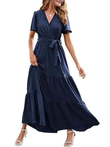 MASCOMODA Women Boho Swiss Dot Maxi Dresses Wrap V Neck Flutter Short Sleeve Solid Tie Waist A Line Tiered Flowy Long Dress(Navy,X-Large) - Image 1