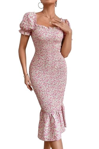 PRETTYGARDEN Summer Floral Bodycon Midi Dresses 2025 Puff Sleeve Mermaid Cocktail Baby Shower Photoshoot Maternity Dress (Pink,Medium) - Image 1