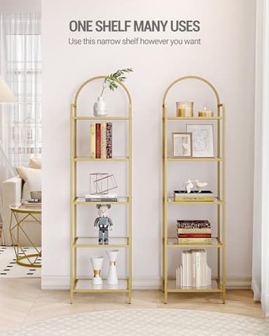 Hzuaneri Bookcase Bookshelf, Tempered Glass Bookshelves, Slim Shelving Unit for Bedroom, Bathroom, Home Office, Steel Frame, 5 Tier Gold BC05001G - Image 3