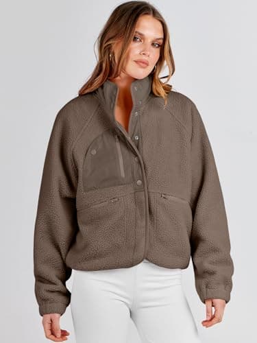 ANRABESS Womens Fuzzy Fleece Jacket Fall Casual Long Sleeve Cropped Sherpa Button Down Shacket Coats Outwear With Pockets Coffee Medium - Image 3