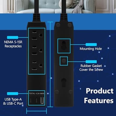 LIDER Outlet Extender with 3 Receptacles, 21W USB Type-A, and 2 USB Type-C, Ultra-Thin Wall Plate Plug with Cord Extender, 3-Outlet Power Strip, Flat-Face, Slim Design, ETL-Listed, 3ft Cord, Black - Image 5