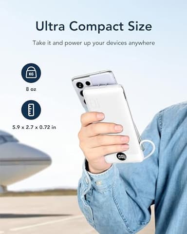 VEGER Portable Charger with Built-in AC Plug and Cables, All in One 10000mAh Ultra Slim Power Bank Travel Essentials, 15W Fast Charging Battery Pack Compatible with iPhone, Samsung, Android (White) - Image 8