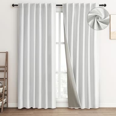 FLORECORD 100% Blackout Linen Curtains 52 Inch Wide x 63 Inch Long 2 Panels Set Thermal Insulated Textured Black Out Darkening Drapes for Bedroom Living Room Hook Belt/Back Tab/Rod Pocket - Image 1