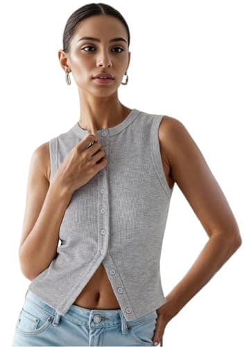 Women’s Button Down Tank Tops Ribbed Summer Vest Button Up Open Front Sleeveless Slim Fit Crop Going Out Tops - Image 1