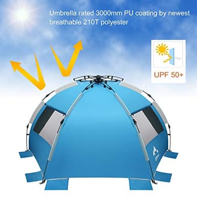 Oileus X-Large 4 Person Beach Tent Sun Shelter - Portable Sun Shade Instant Tent for Beach with Carrying Bag, Stakes, 6 Sand Pockets, Anti UV for Fishing Hiking Camping, Waterproof Windproof, Blue - Image 4