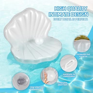 52" Thickened Inflatable Seashell Pool Float, Giant Pool Floating Raft Chair with Pearl Balls, for Birthday Party, Ocean Theme Decorations, Beach & Pool Party Decorations - Image 2