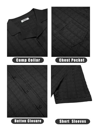 COOFANDY Men's Knit Button Down Shirt Vintage Short Sleeve Polo Shirts Casual Beach Shirts Top Black - Image 5